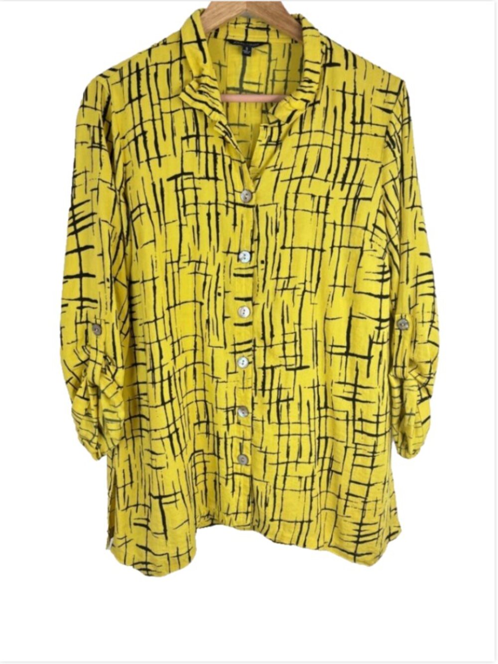 John Mark Button Up Tunic Blouse S Citrine Green Geometric Art To Wear Lagenlook